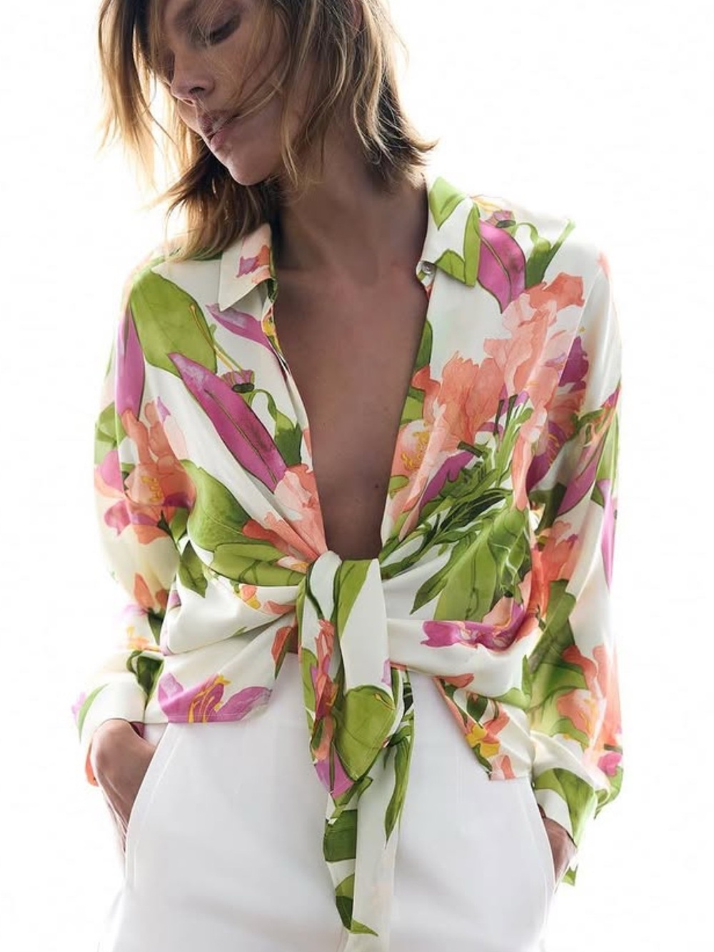 Zara Floral Tie-Front Blouse - White with Pink & Green